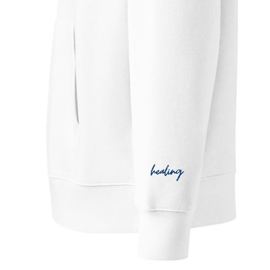 Navy on White Eco Hoodie - Hope Design with Embroidered Sleeves